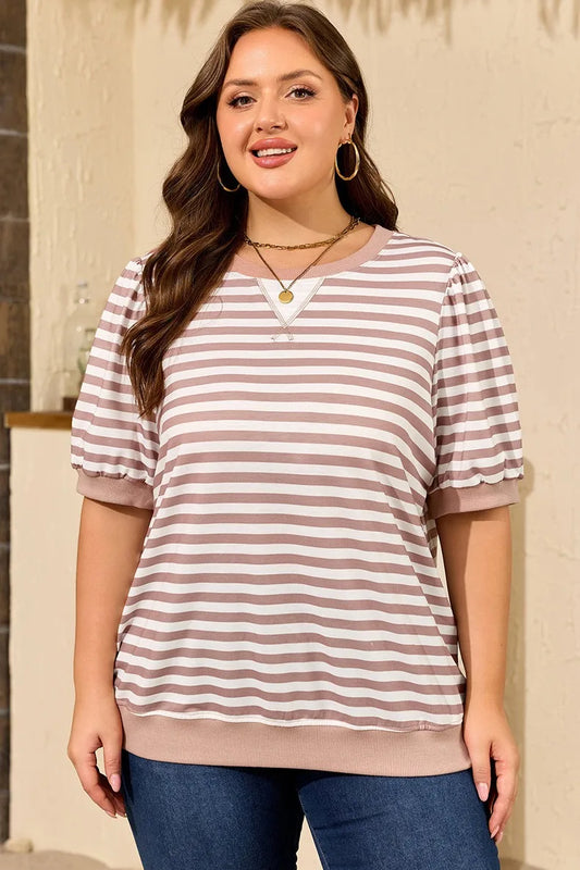 Striped Puff-Sleeve Crew-Neck Top