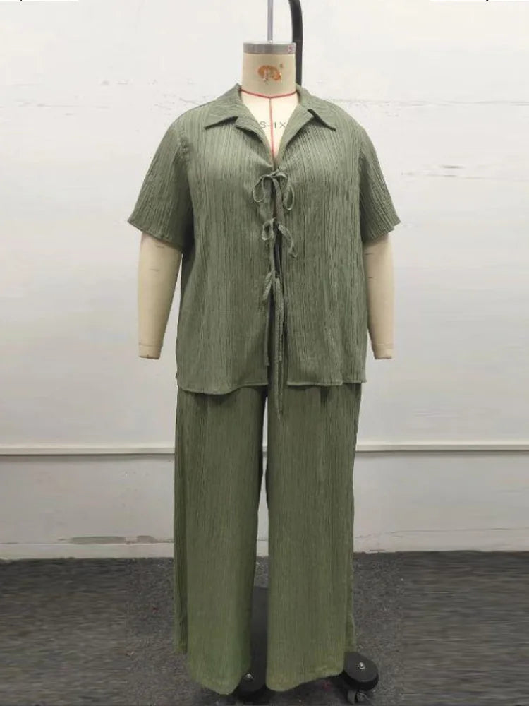 Tie-Front Shirt & Wide-Leg Pants Set
