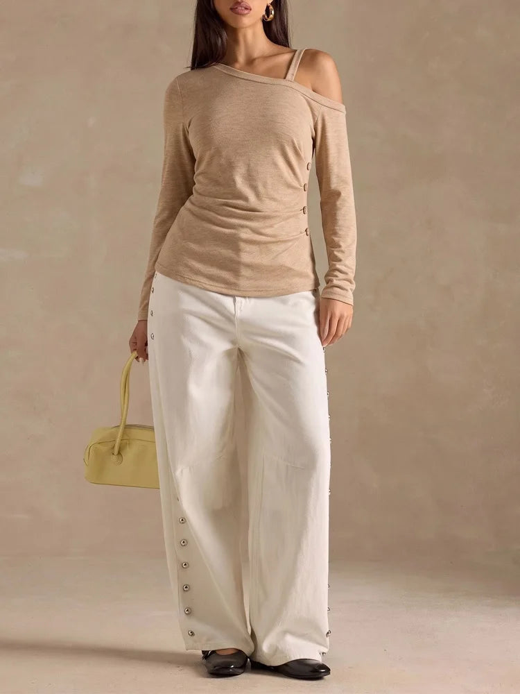Asymmetric-Neck Side-Button Top