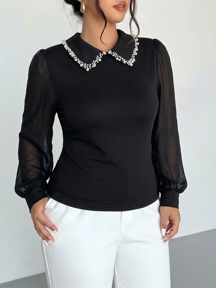 Pearl-Collar Sheer-Sleeve Top