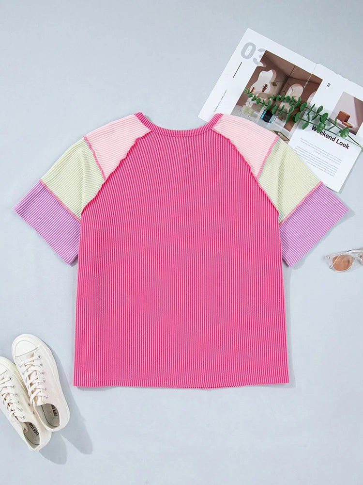 Colorblock-Sleeve Ribbed Henley Top