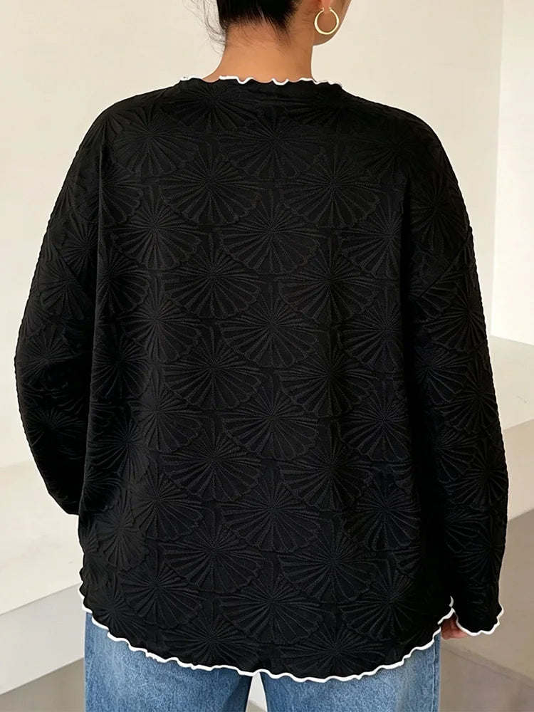 Textured Contrast-Piped Long-Sleeve Top