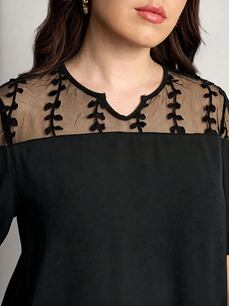 Mesh-Embroidered Yoke Tie-Sleeve Blouse