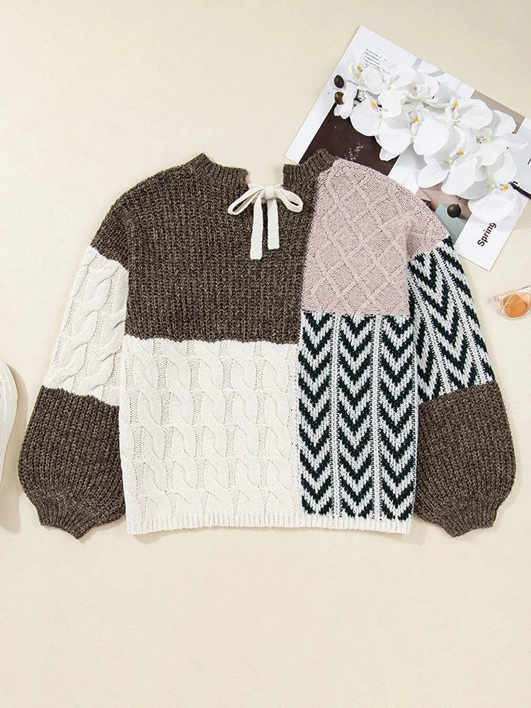 Mixed-Pattern Drawstring-Hood Sweater
