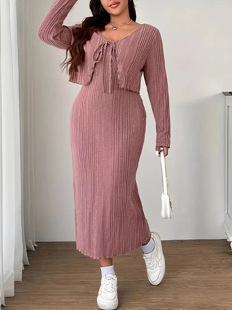 Ribbed Tie-Front Cardigan & Maxi Dress Set
