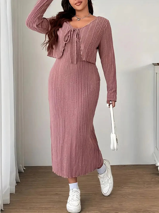 Ribbed Tie-Front Cardigan & Maxi Dress Set