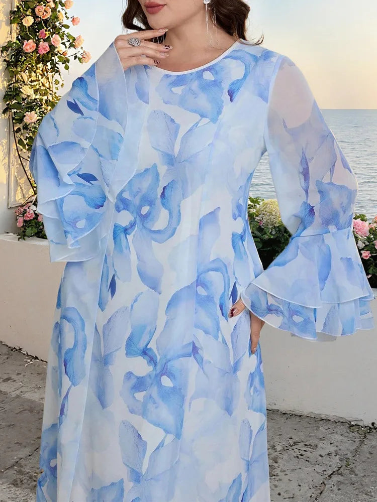 Watercolor Bell-Sleeve Maxi Dress