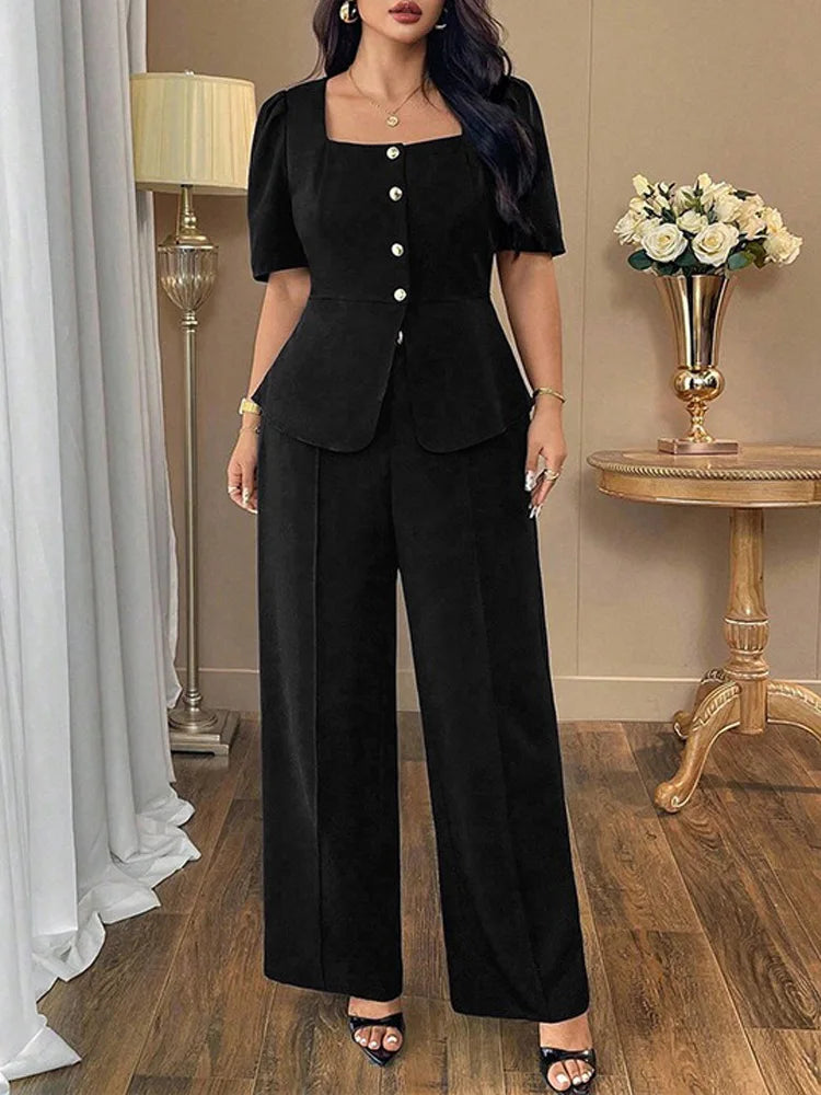 Square-Neck Button Peplum Top & Pants Set