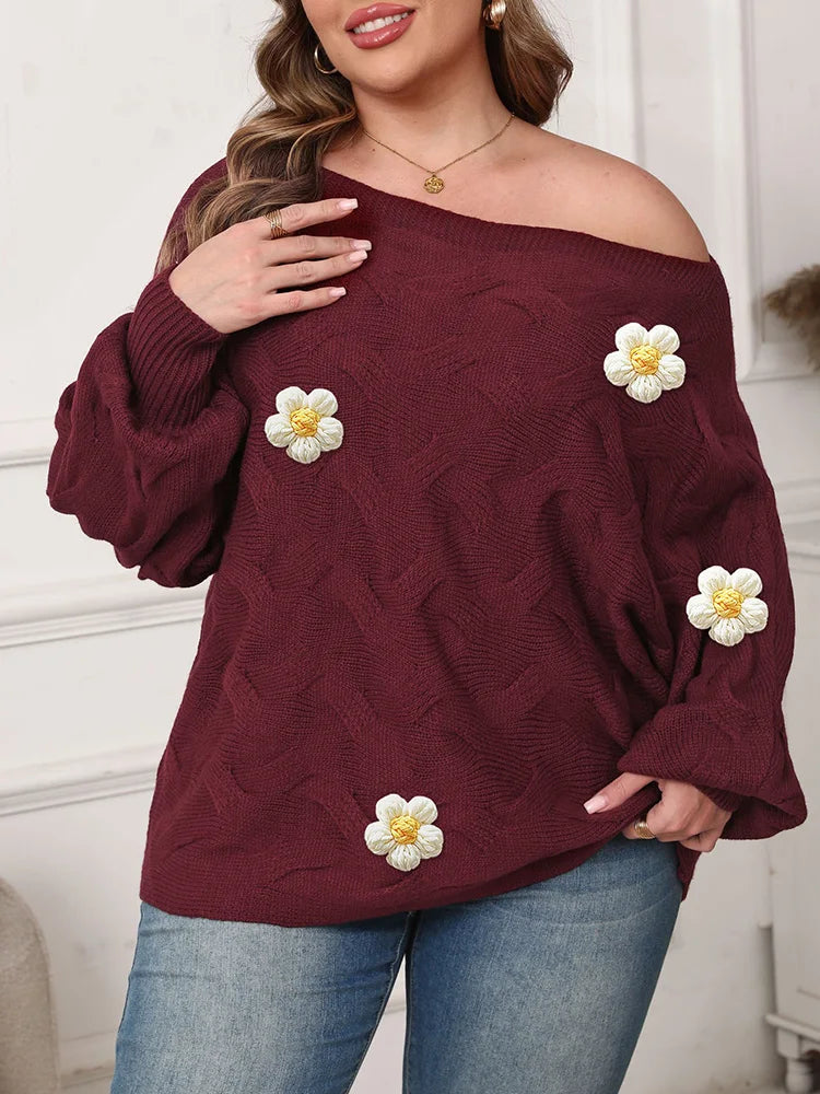 Colorful Floral-Appliqué Textured Sweater