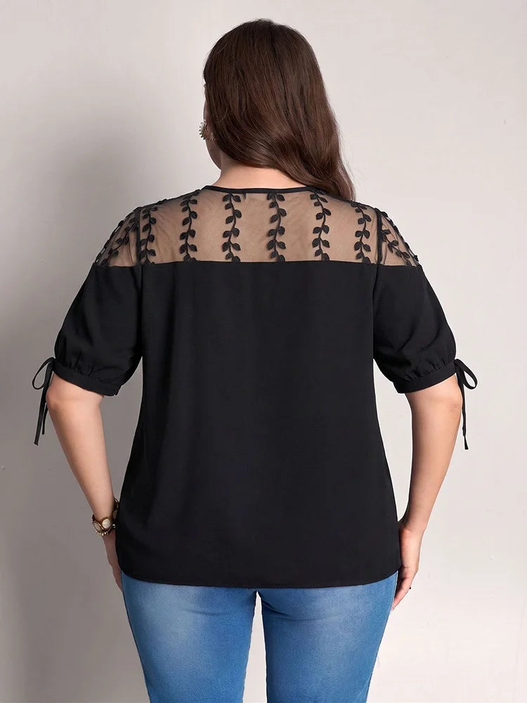 Mesh-Embroidered Yoke Tie-Sleeve Blouse