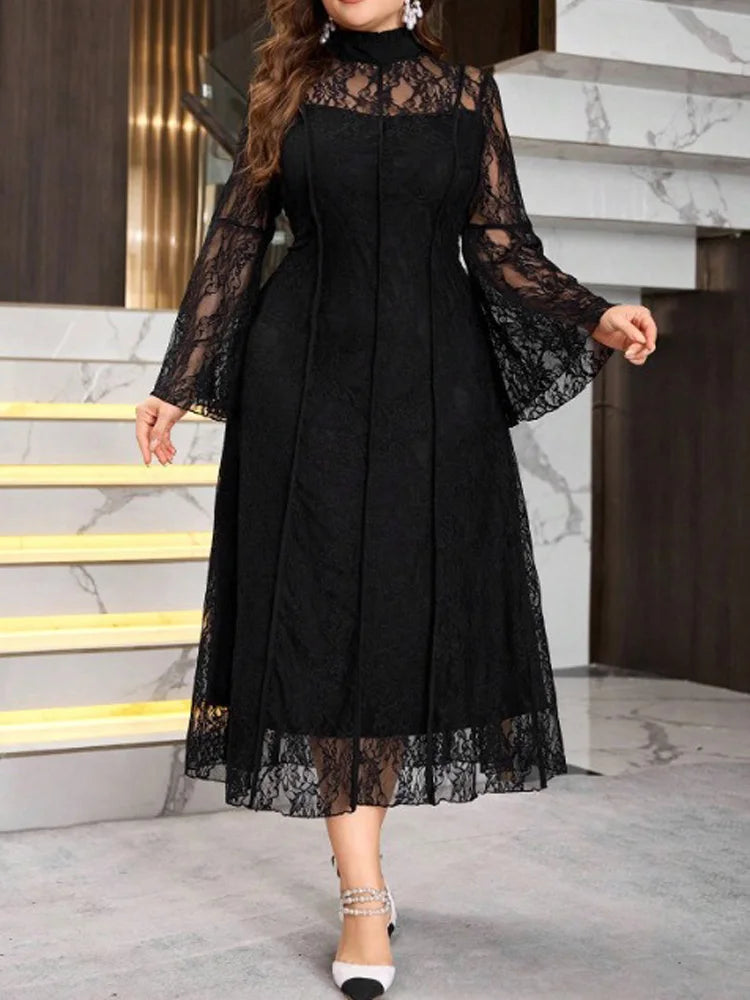 High-Neck Lace A-Line Midi Dress