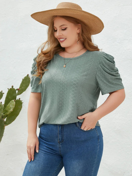Ruched Puff-Sleeve Eyelet Top