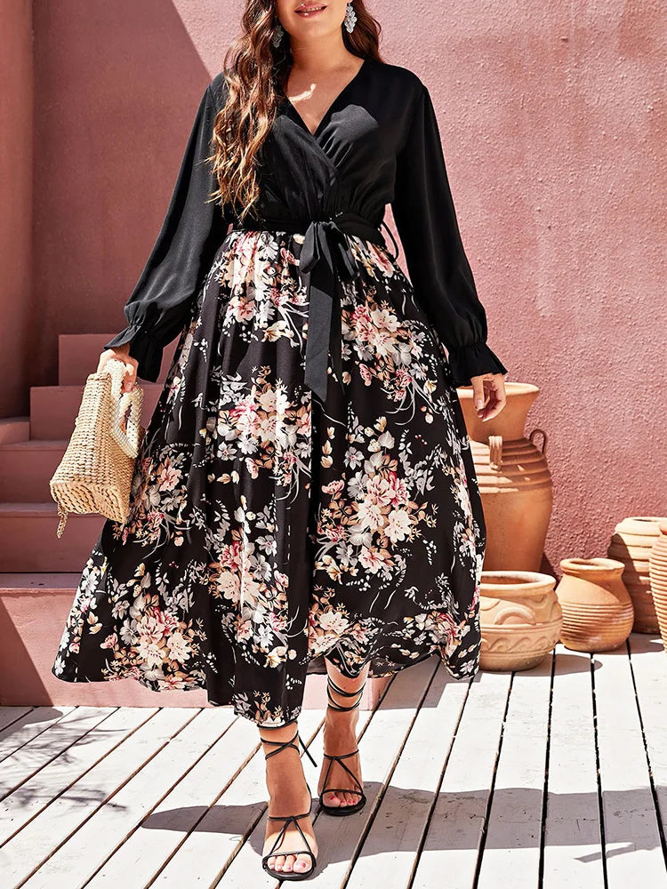 Floral-Panel Wrap Maxi Dress