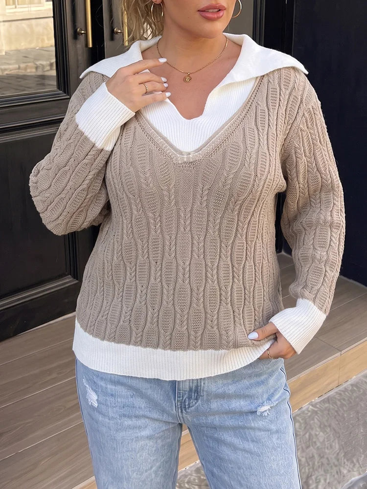 Contrast-Collar Cable-Knit Layered Sweater