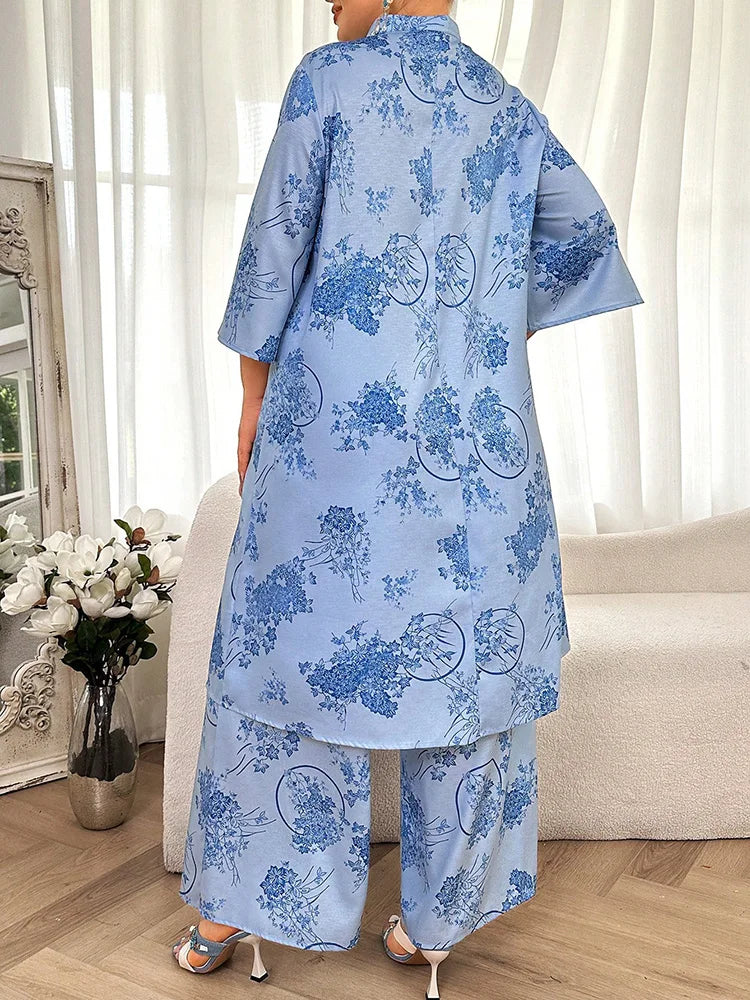 Floral Mandarin Tunic & Wide-Leg Pants Set