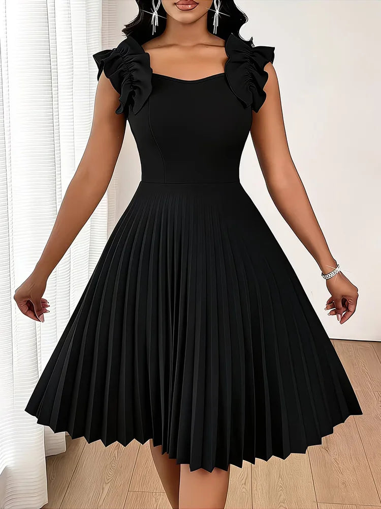 Ruffle-Shoulder Pleated Midi Dress