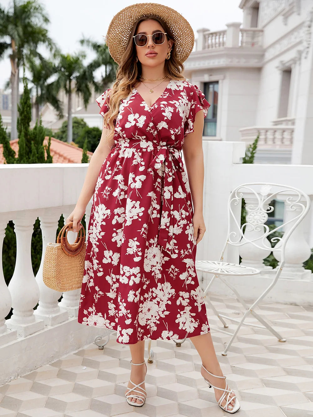 Burgundy Floral Wrap Midi Dress
