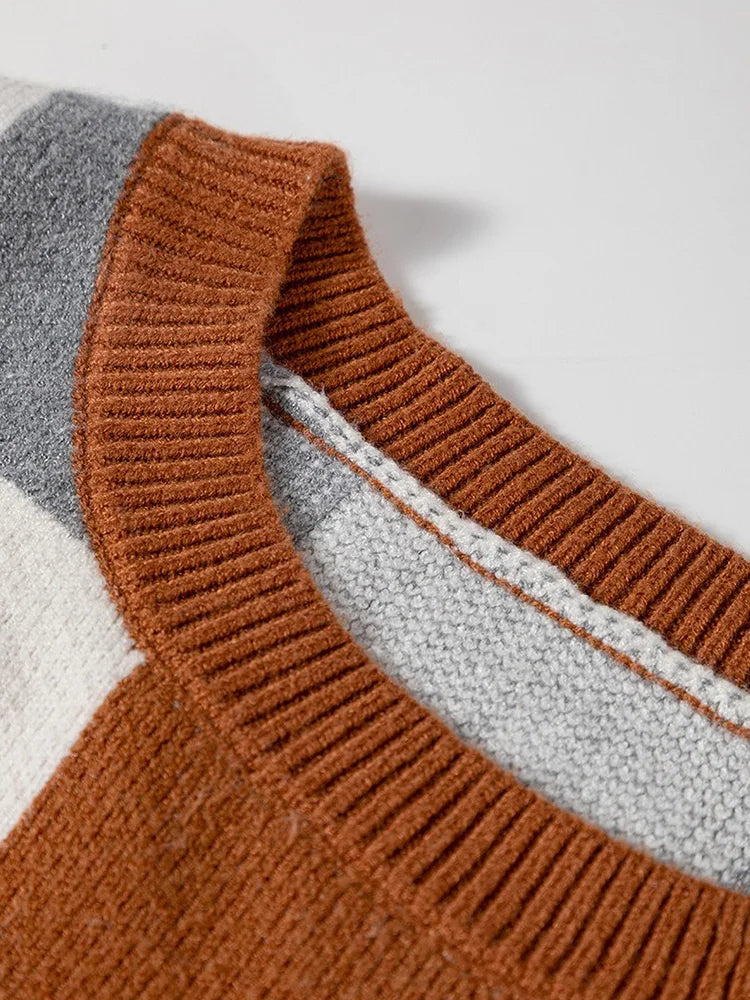 Colorblock Check Crew-Neck Sweater