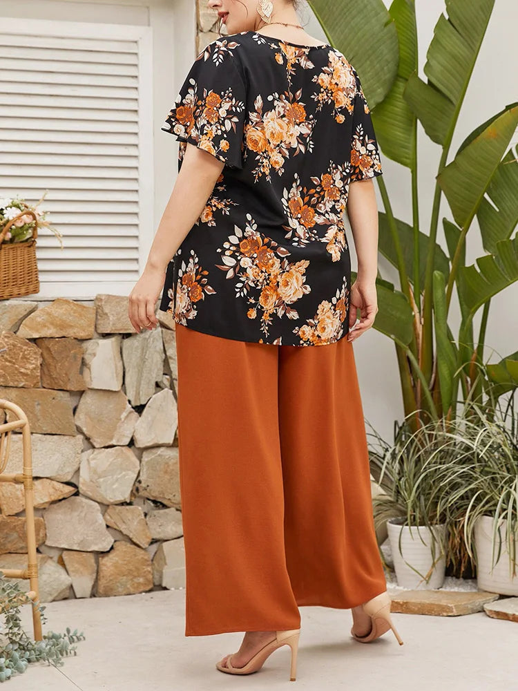 Floral V-Neck Top & Wide-Leg Pants Set