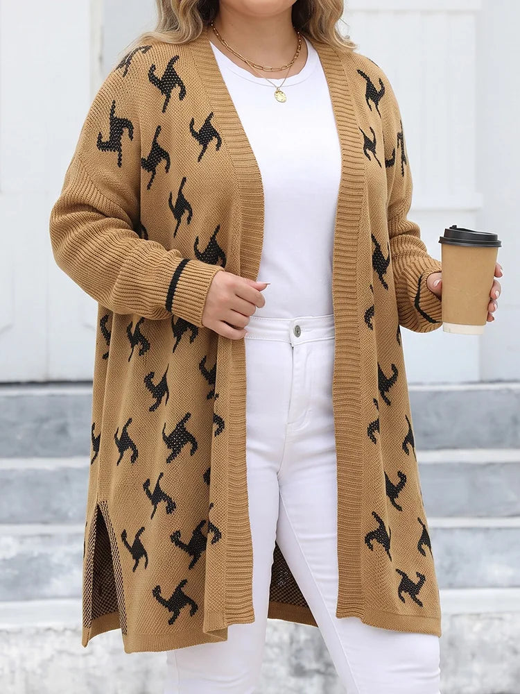 Cat-Print Longline Side-Slit Cardigan