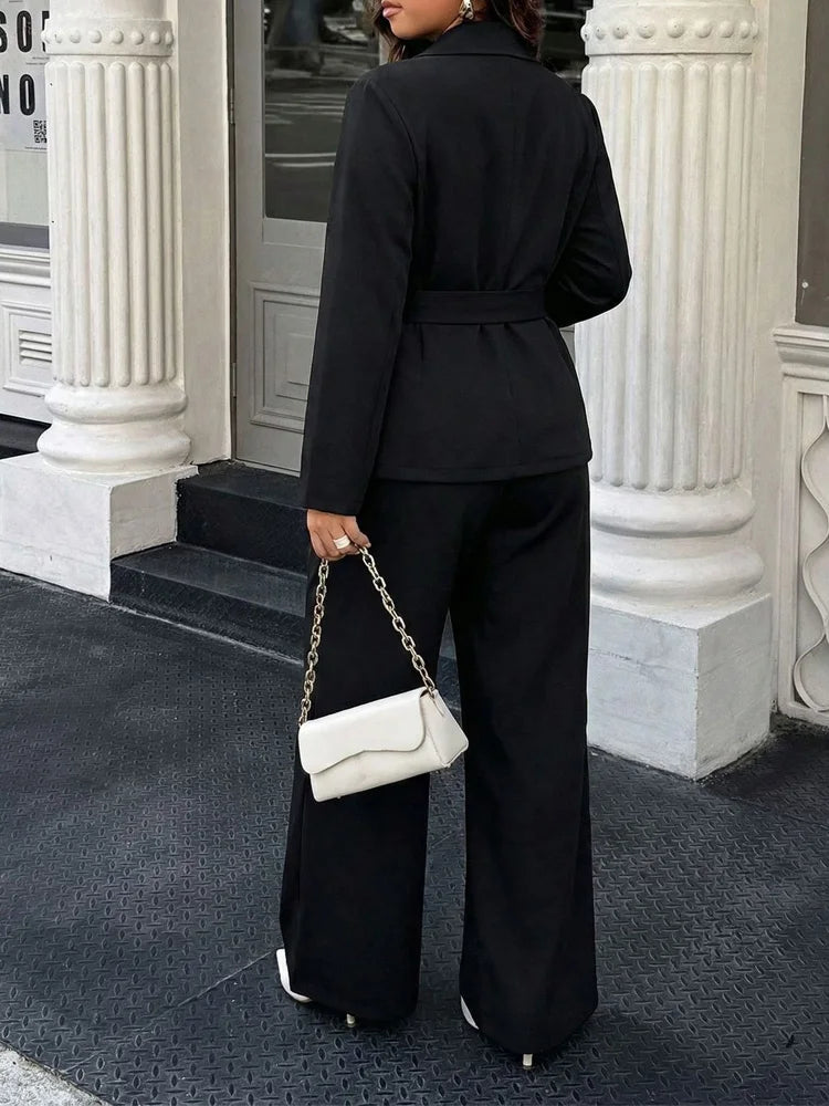 Buckle-Wrap Blazer & Wide-Leg Pants Set
