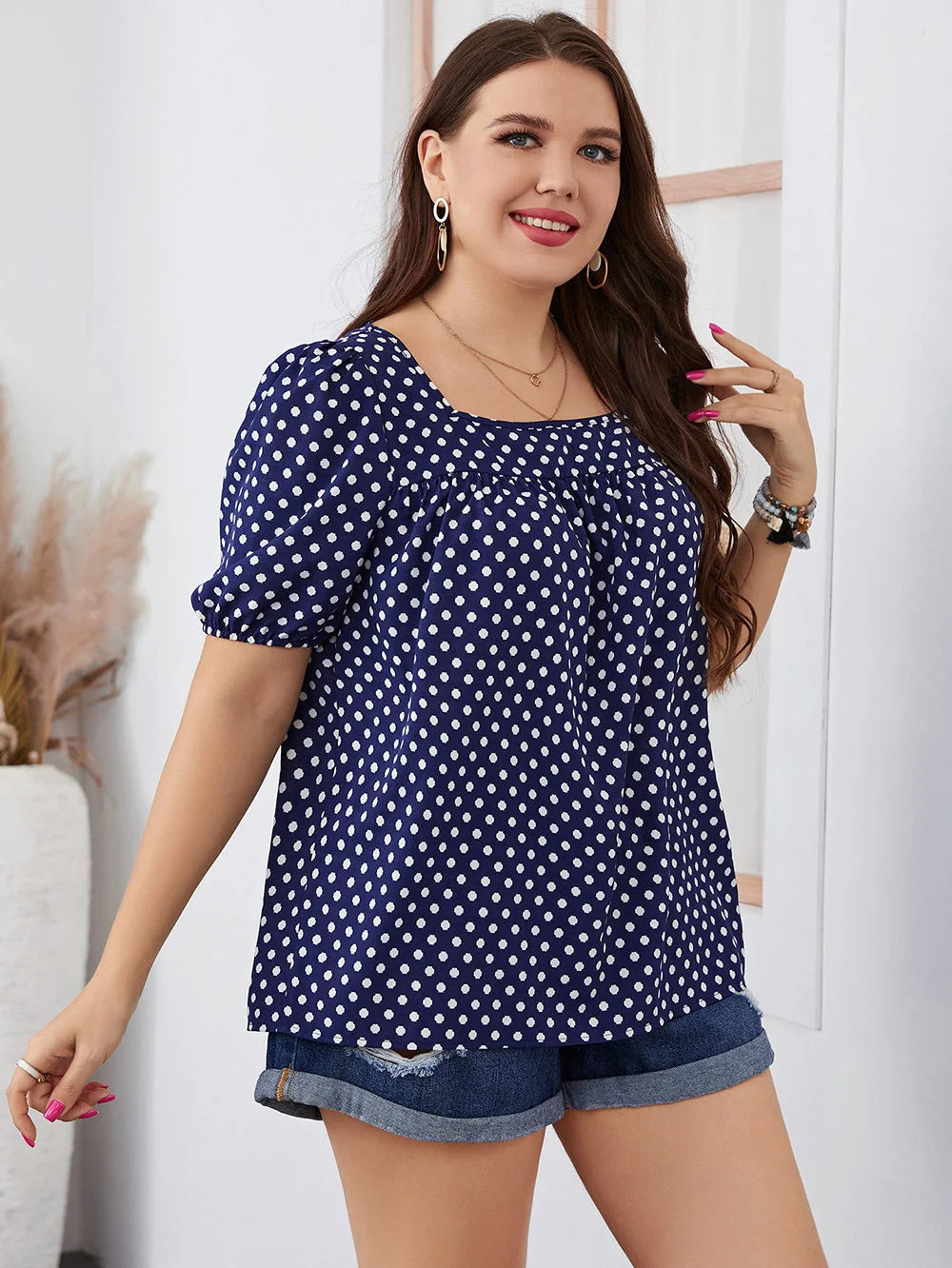 Polka-Dot Square-Neck Puff-Sleeve Blouse