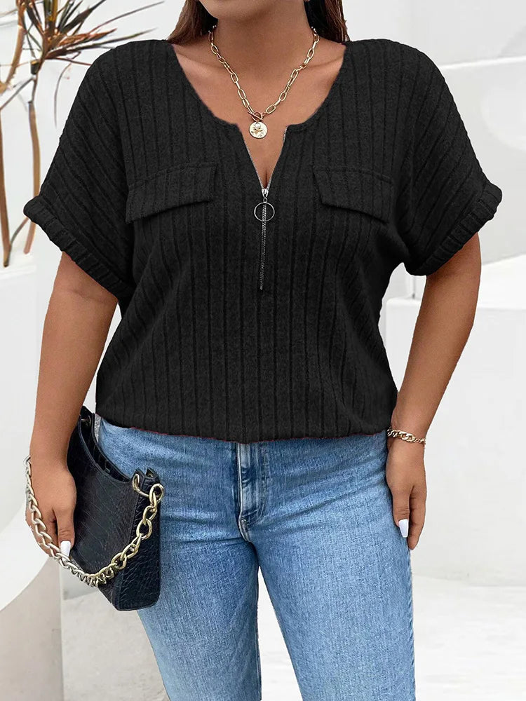 Ribbed Ring-Zip Pocket Top
