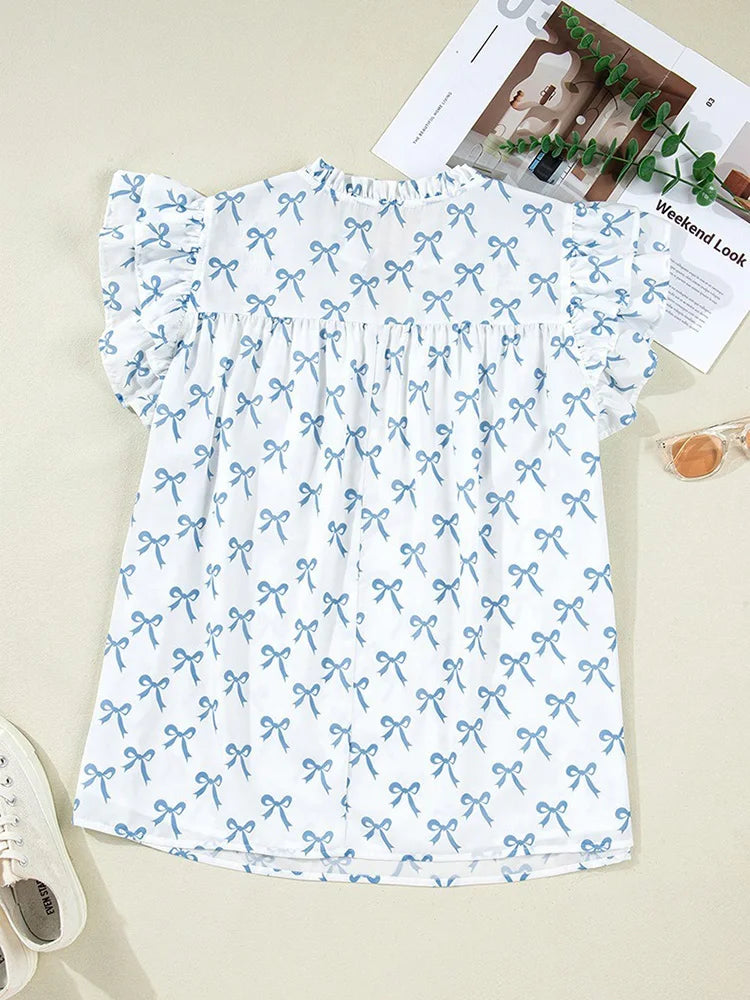 Bow-Print Ruffle-Sleeve Blouse