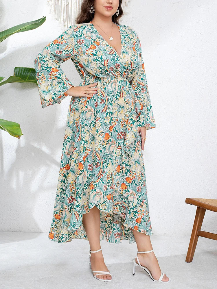 Botanical Ruffle-Hem Wrap Maxi Dress