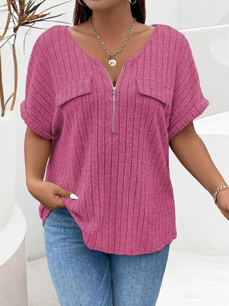 Ribbed Ring-Zip Pocket Top