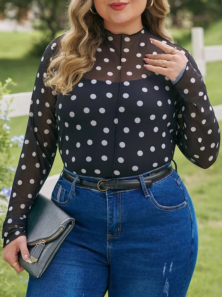 Polka-Dot Sheer Mock-Neck Top