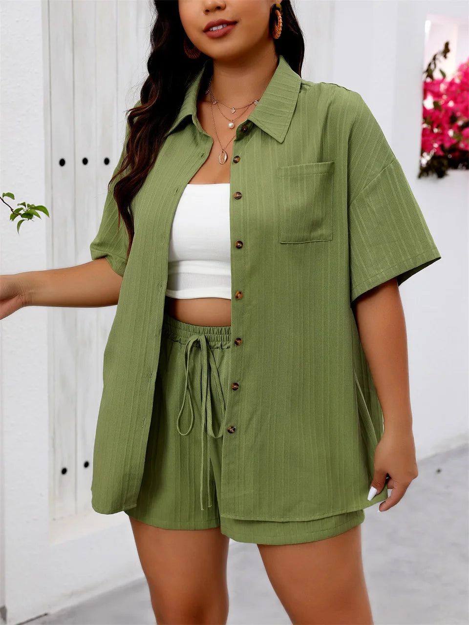 Pocket Shirt & Drawstring Shorts Set