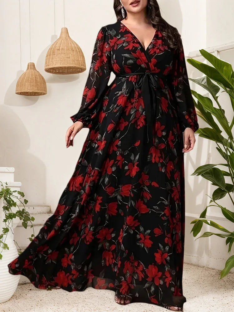 Red-Floral Wrap Maxi Dress