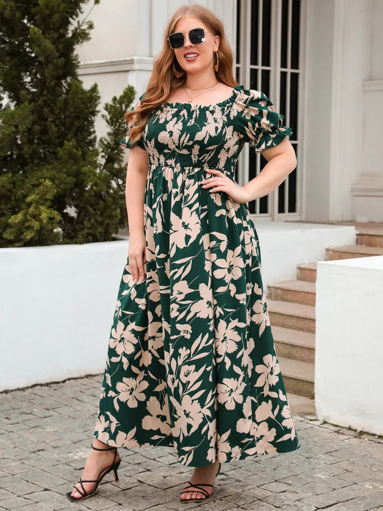 Floral Smocked-Bodice Green Maxi Dress
