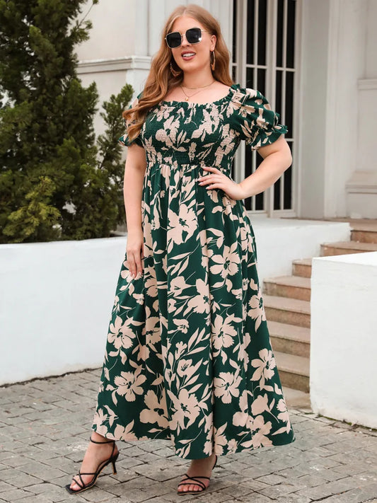 Floral Smocked-Bodice Green Maxi Dress