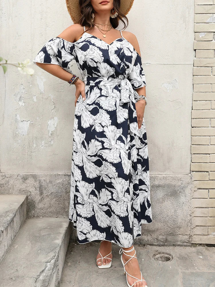 Monochrome Cold-Shoulder Maxi Dress