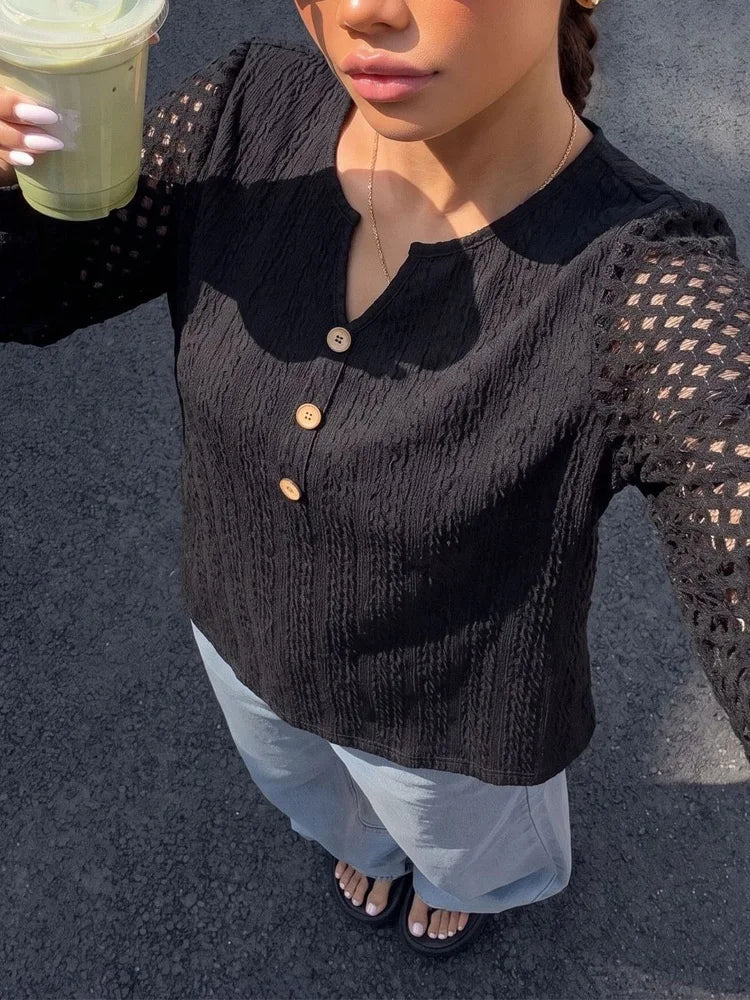 Openwork-Sleeve Button-Front Top
