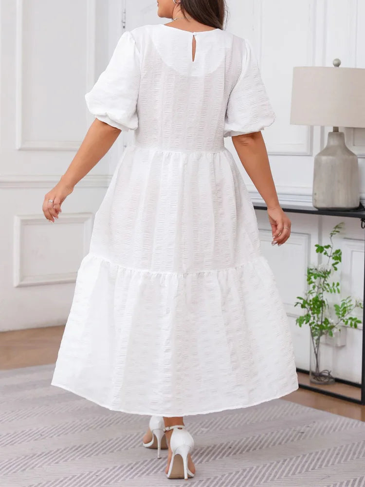 Textured Puff-Sleeve White Maxi Dress