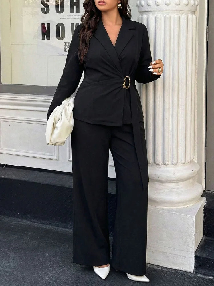 Buckle-Wrap Blazer & Wide-Leg Pants Set