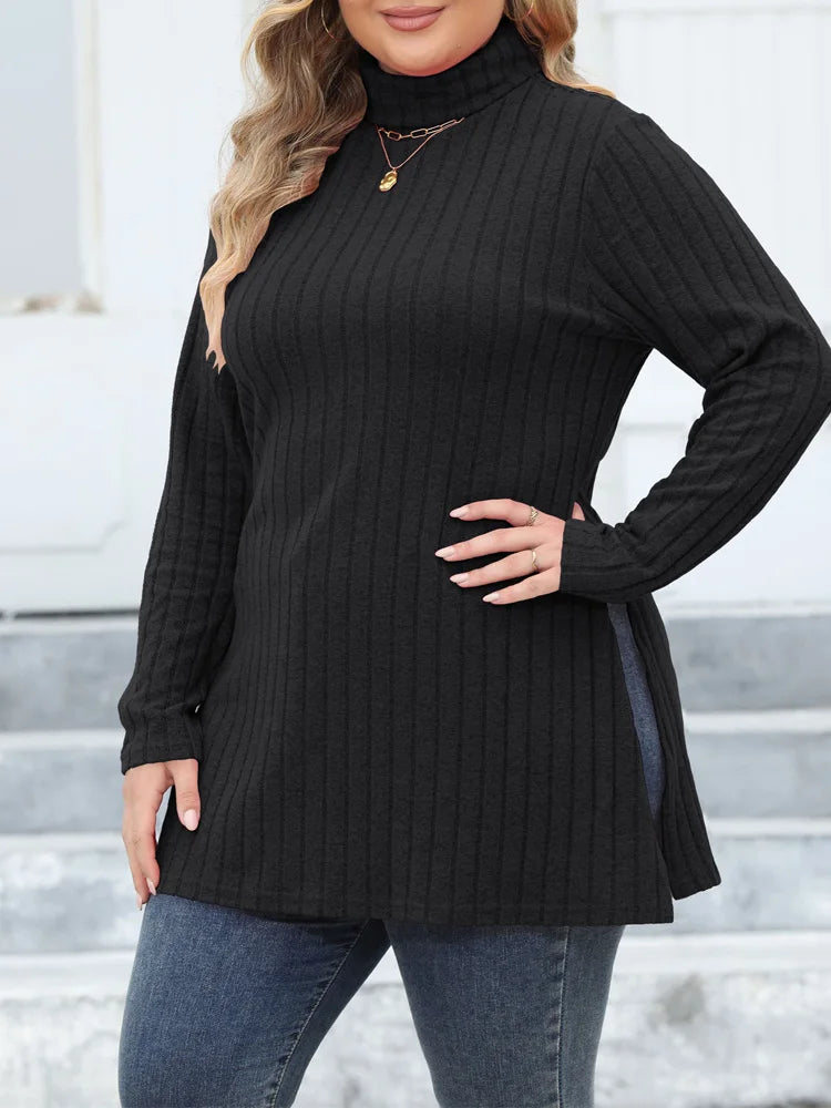 Ribbed Turtleneck Side-Slit Tunic