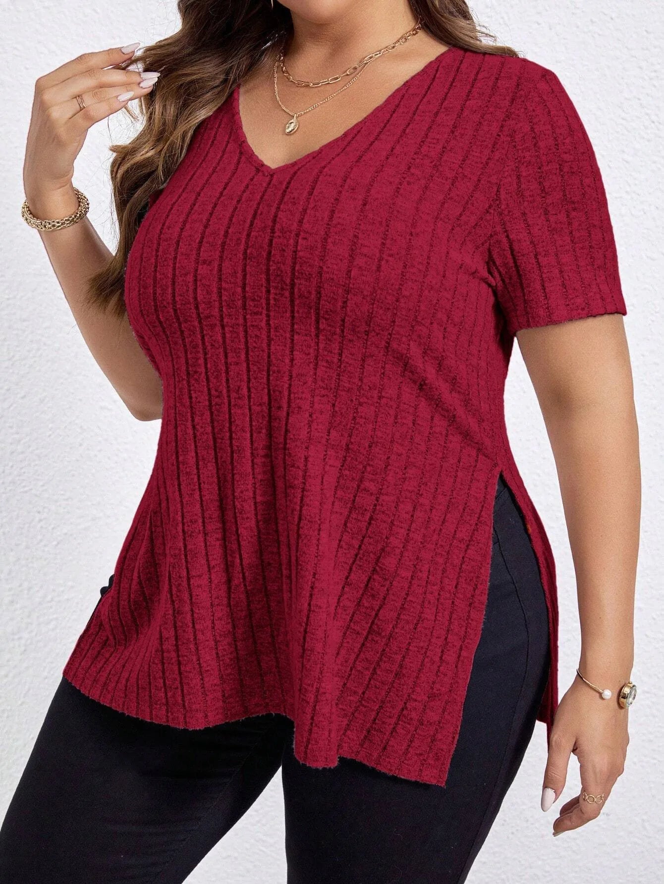 Ribbed V-Neck Side-Slit Tunic