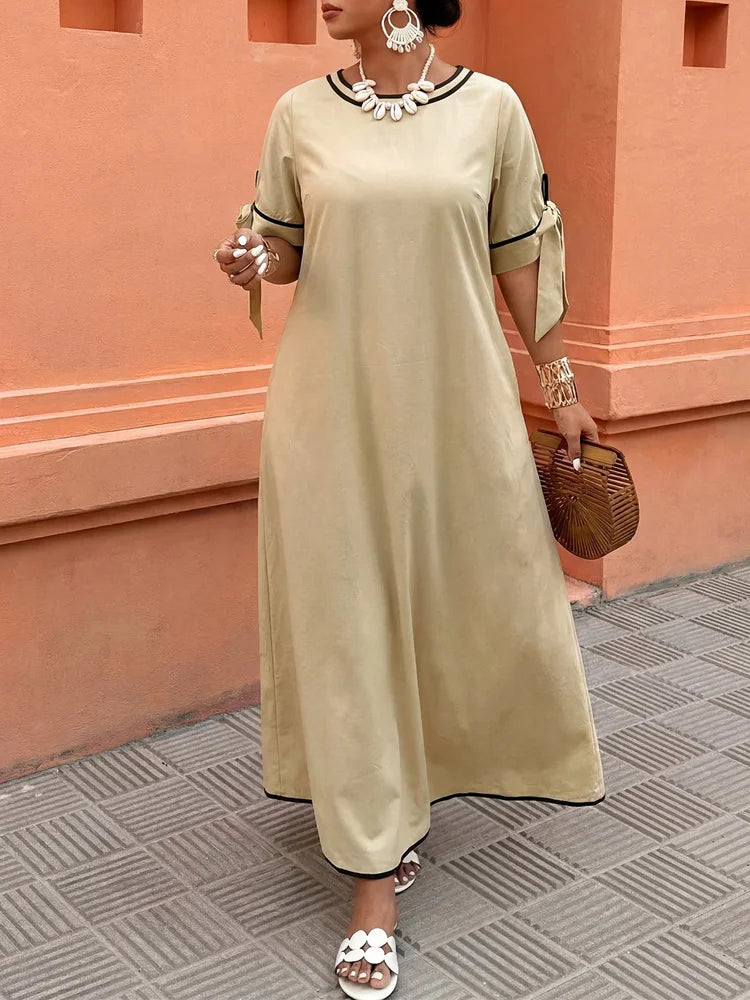 Contrast-Trim Tie-Sleeve Maxi Dress
