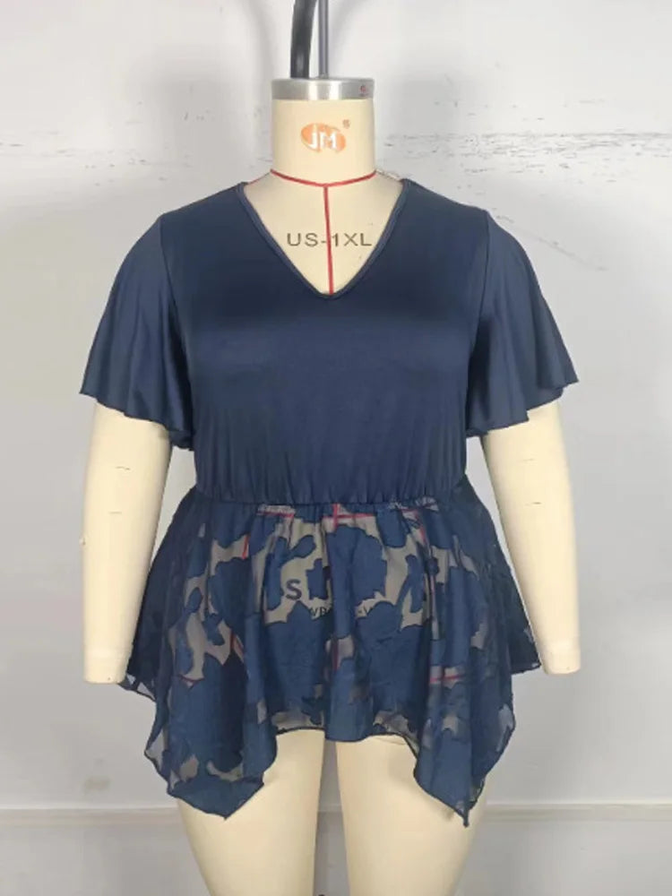 V-Neck Sheer-Overlay Peplum Top