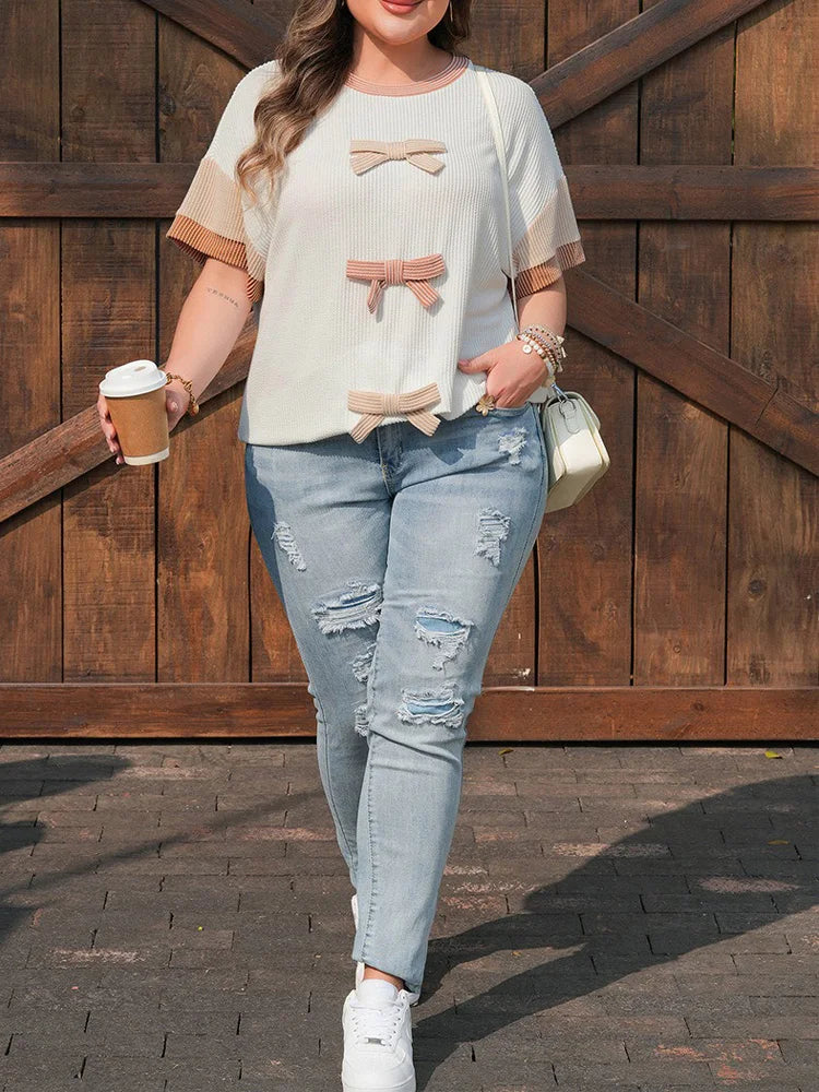 Triple-Bow Contrast-Trim Textured Top