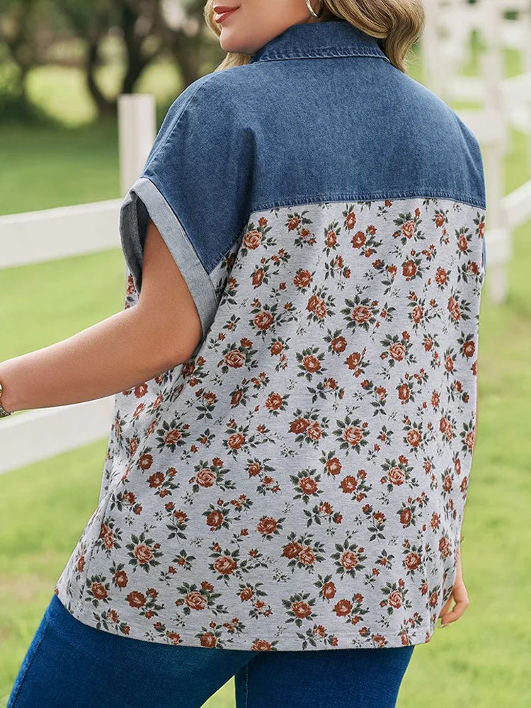 Floral Denim-Look Polo Blouse