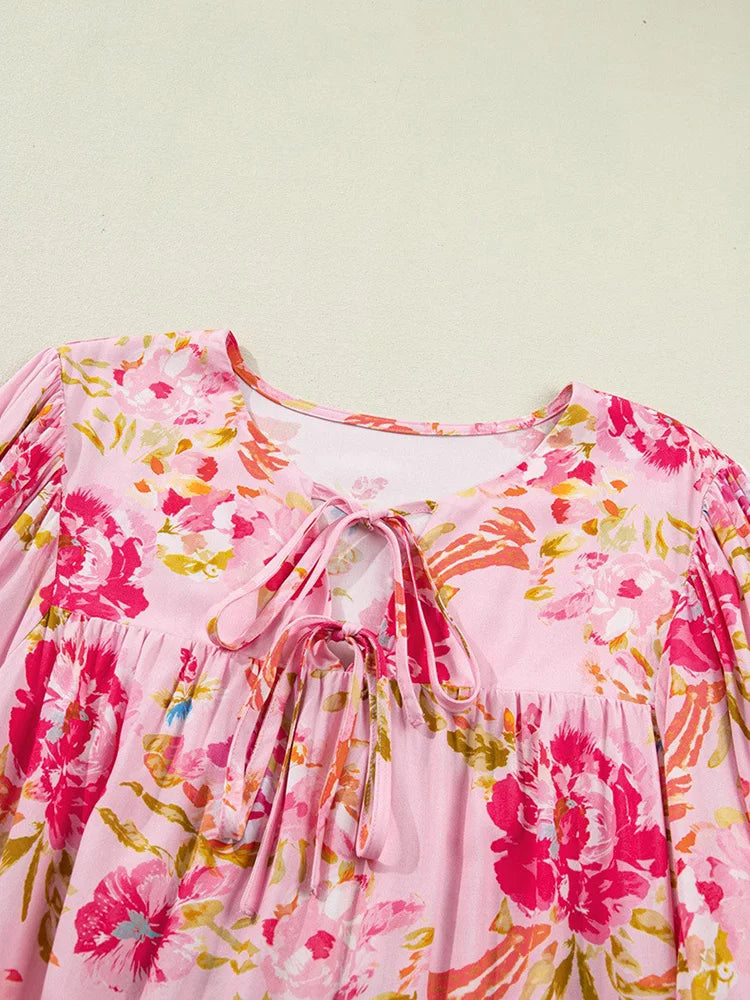 Floral Tie-Neck Three-Quarter Blouse