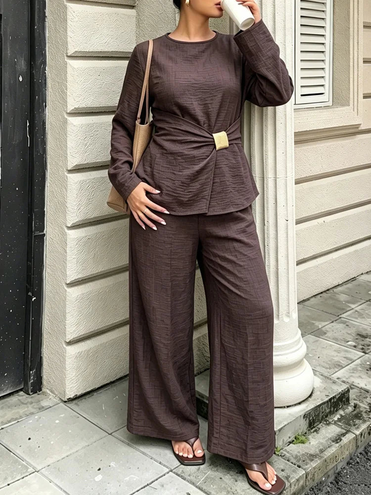 Textured Buckle-Wrap Top & Wide-Leg Pants Set