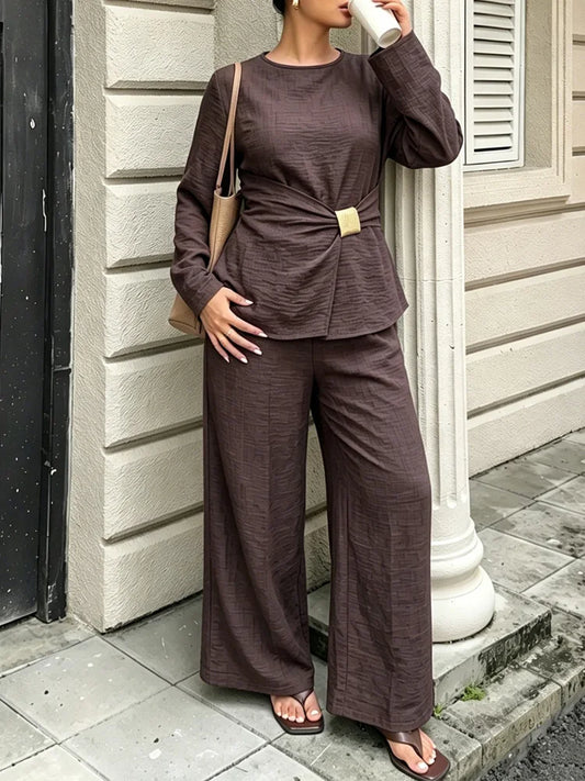 Textured Buckle-Wrap Top & Wide-Leg Pants Set