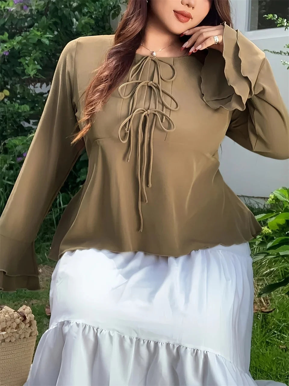Triple-Tie Flared-Sleeve Peplum Top