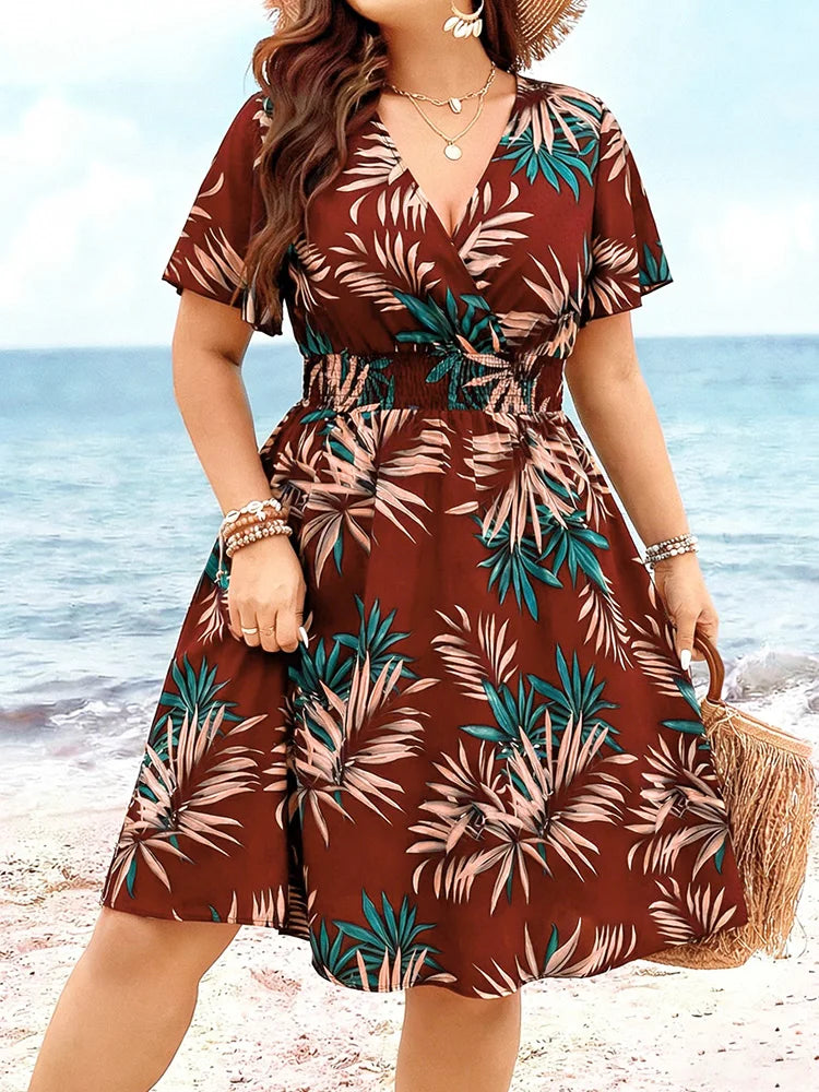 Tropical Smocked-Waist Midi Dress